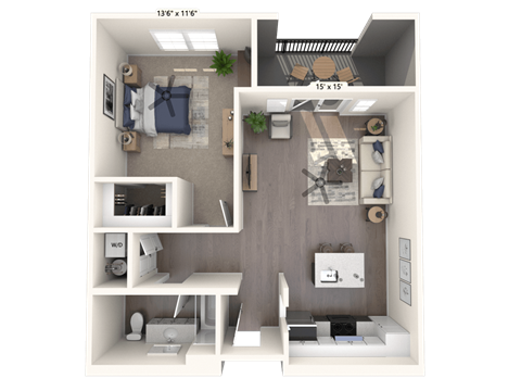 Floor plan for 1 bed, 1 bath, 733 sqft